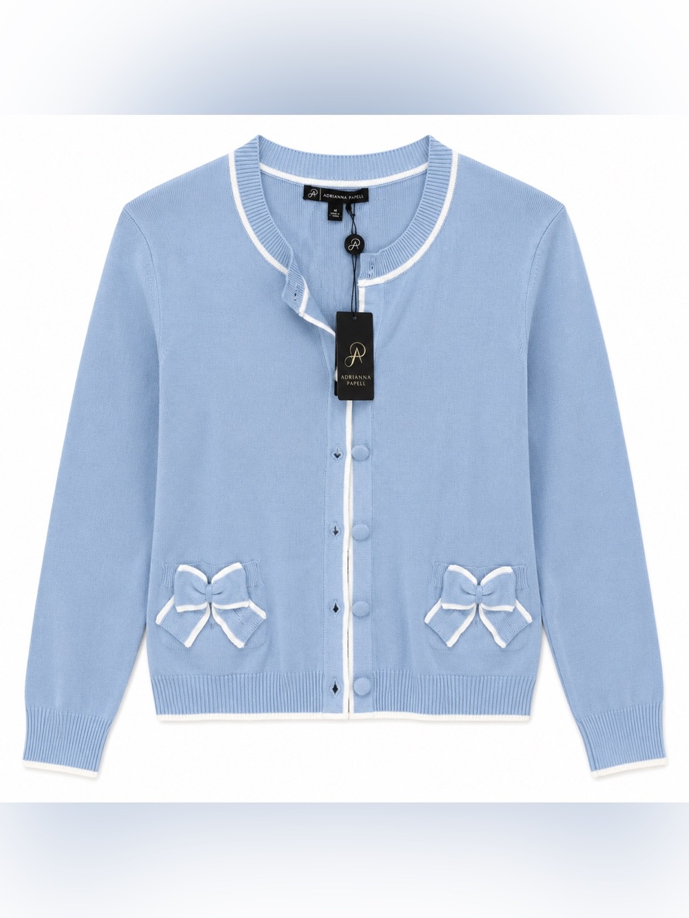 NWT Adrianna Papell Women’s Cardigan Medium Blue Bow Knit Sweater Jacket